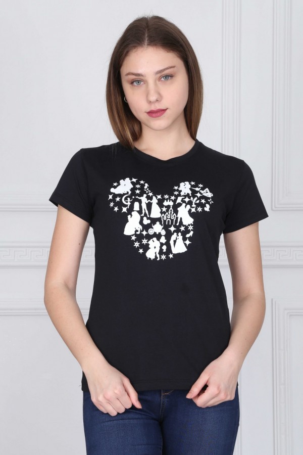 Women casual t-shirt, mickey mouse type print, black color, model 8743